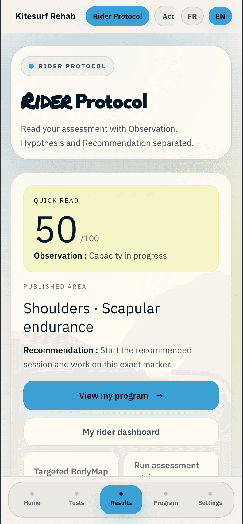 Rider Protocol result screen showing a preparation priority