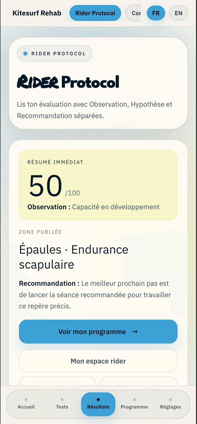 Capture du bilan Rider Protocol montrant une priorité de préparation